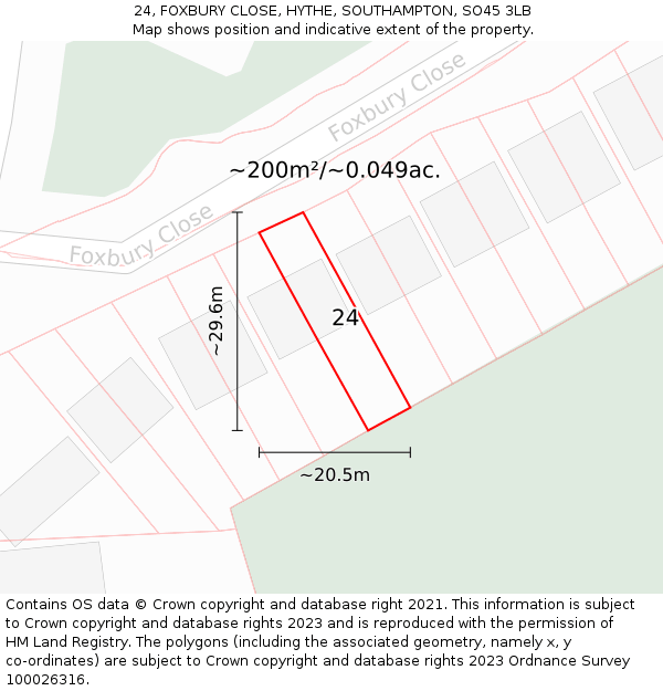 24, FOXBURY CLOSE, HYTHE, SOUTHAMPTON, SO45 3LB: Plot and title map