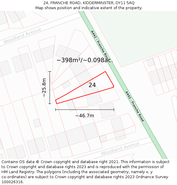 24, FRANCHE ROAD, KIDDERMINSTER, DY11 5AQ: Plot and title map