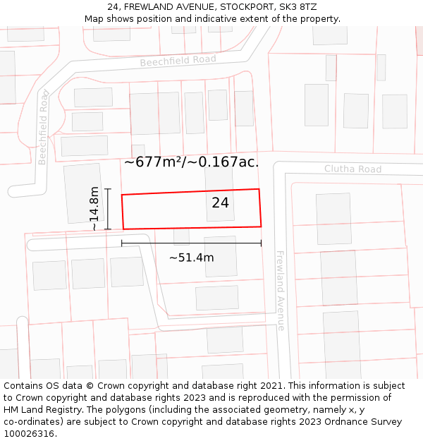 24, FREWLAND AVENUE, STOCKPORT, SK3 8TZ: Plot and title map