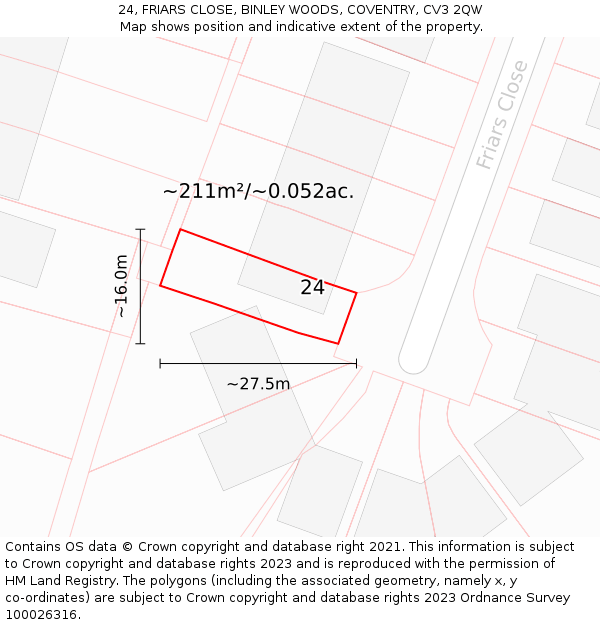 24, FRIARS CLOSE, BINLEY WOODS, COVENTRY, CV3 2QW: Plot and title map