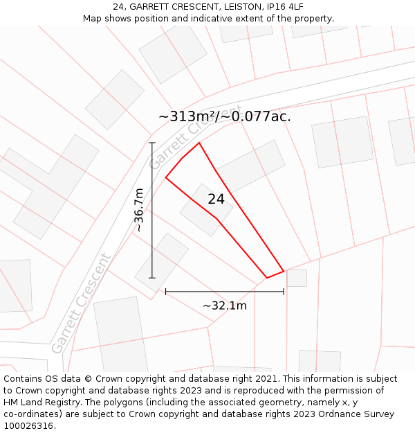 24, GARRETT CRESCENT, LEISTON, IP16 4LF: Plot and title map