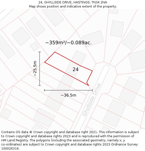 24, GHYLLSIDE DRIVE, HASTINGS, TN34 2NA: Plot and title map