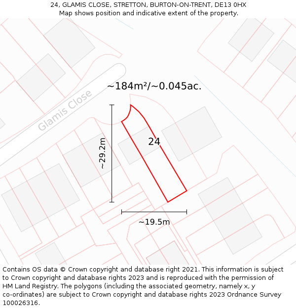 24, GLAMIS CLOSE, STRETTON, BURTON-ON-TRENT, DE13 0HX: Plot and title map
