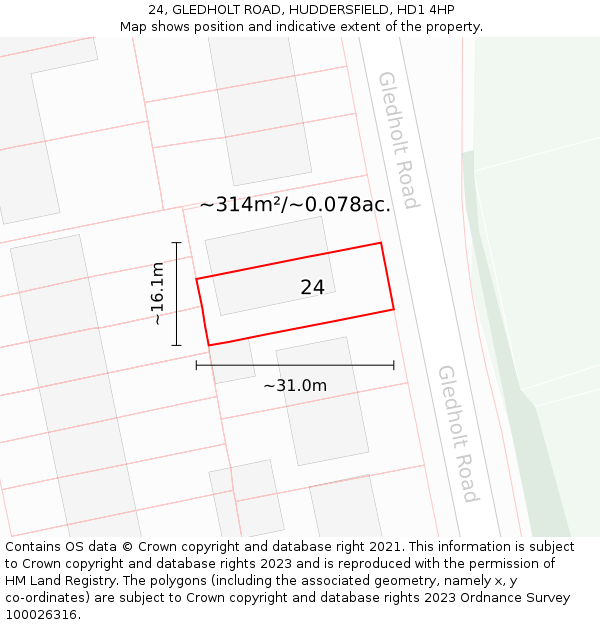 24, GLEDHOLT ROAD, HUDDERSFIELD, HD1 4HP: Plot and title map