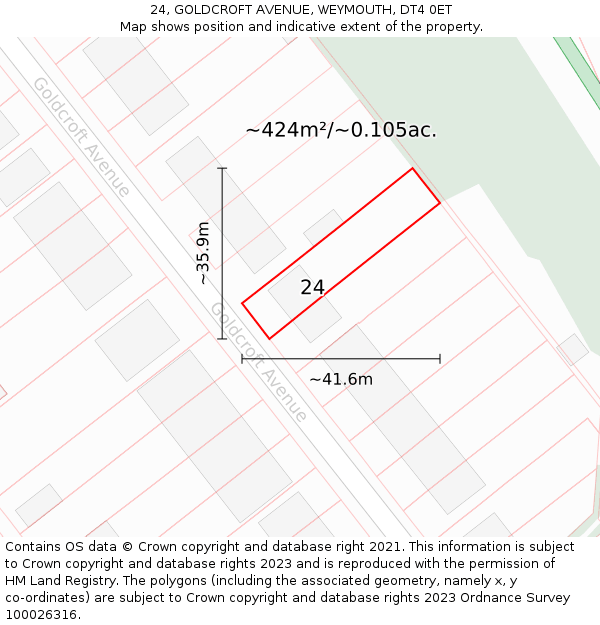 24, GOLDCROFT AVENUE, WEYMOUTH, DT4 0ET: Plot and title map
