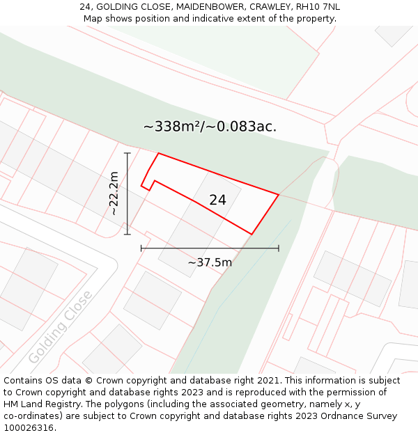24, GOLDING CLOSE, MAIDENBOWER, CRAWLEY, RH10 7NL: Plot and title map