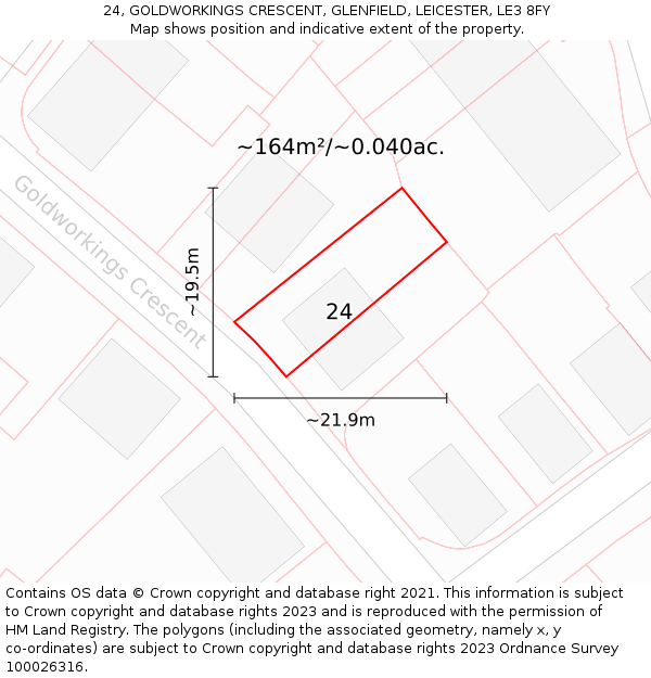 24, GOLDWORKINGS CRESCENT, GLENFIELD, LEICESTER, LE3 8FY: Plot and title map