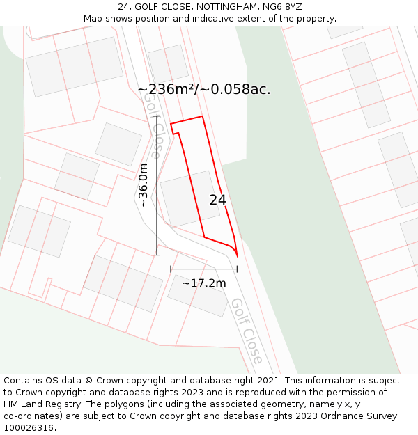 24, GOLF CLOSE, NOTTINGHAM, NG6 8YZ: Plot and title map