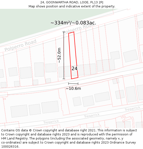 24, GOONWARTHA ROAD, LOOE, PL13 2PJ: Plot and title map