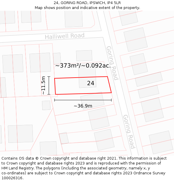 24, GORING ROAD, IPSWICH, IP4 5LR: Plot and title map