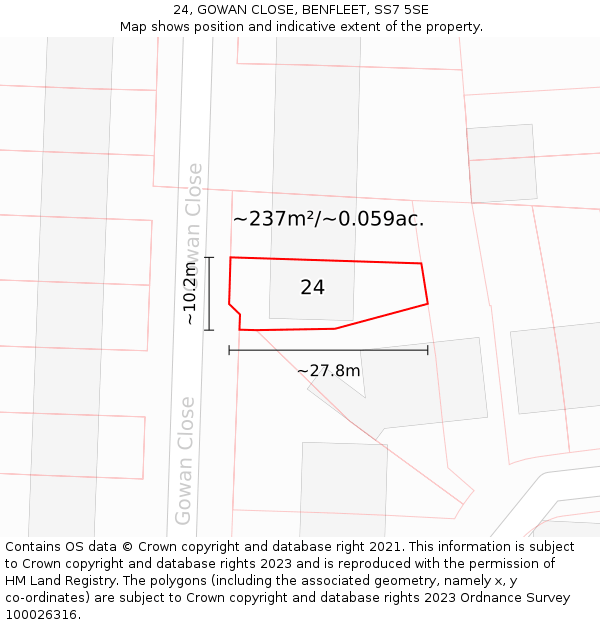 24, GOWAN CLOSE, BENFLEET, SS7 5SE: Plot and title map