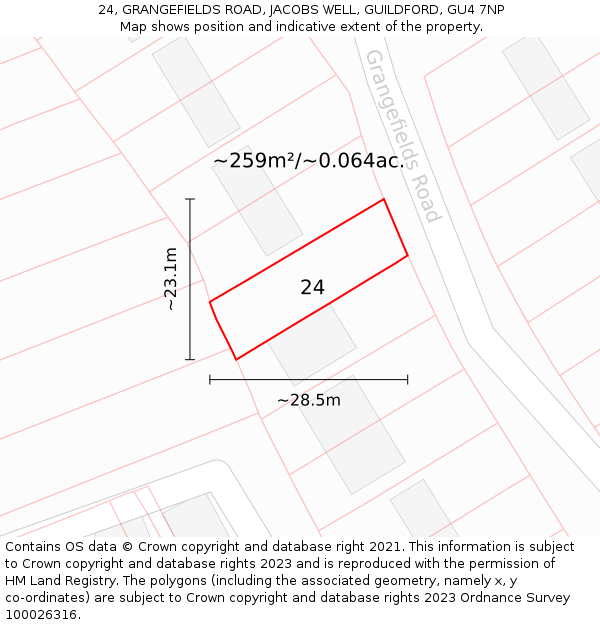 24, GRANGEFIELDS ROAD, JACOBS WELL, GUILDFORD, GU4 7NP: Plot and title map