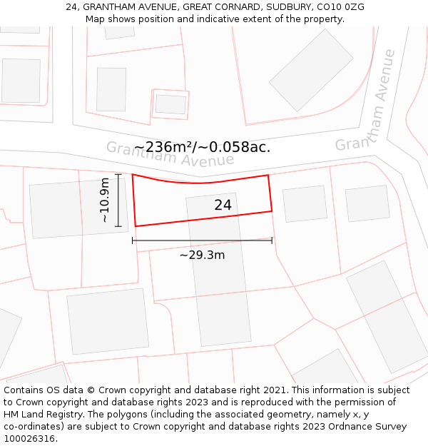 24, GRANTHAM AVENUE, GREAT CORNARD, SUDBURY, CO10 0ZG: Plot and title map