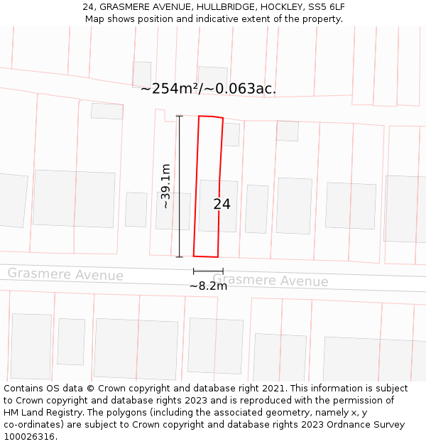 24, GRASMERE AVENUE, HULLBRIDGE, HOCKLEY, SS5 6LF: Plot and title map