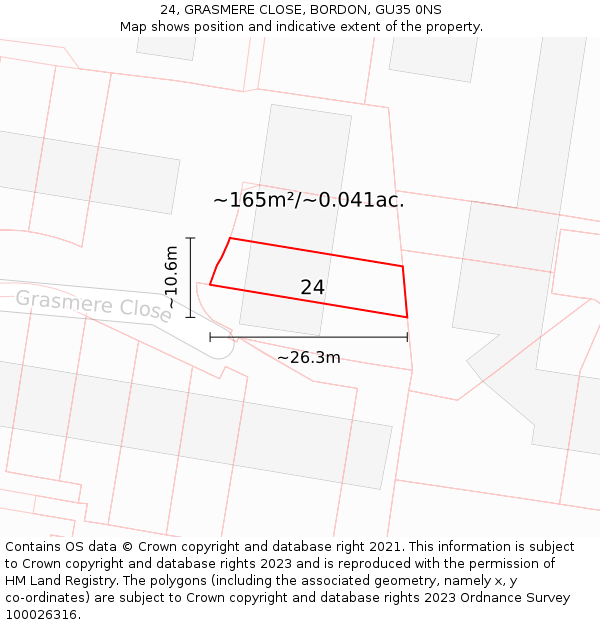 24, GRASMERE CLOSE, BORDON, GU35 0NS: Plot and title map