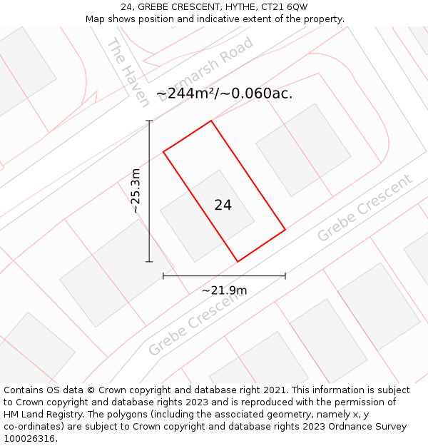 24, GREBE CRESCENT, HYTHE, CT21 6QW: Plot and title map