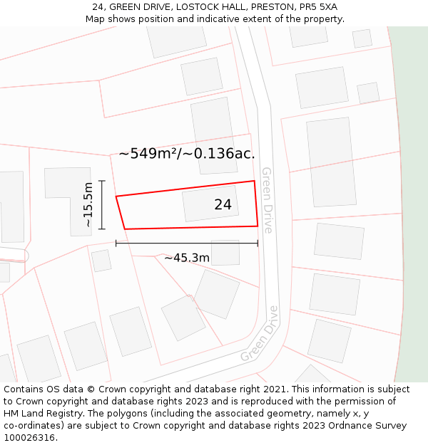 24, GREEN DRIVE, LOSTOCK HALL, PRESTON, PR5 5XA: Plot and title map
