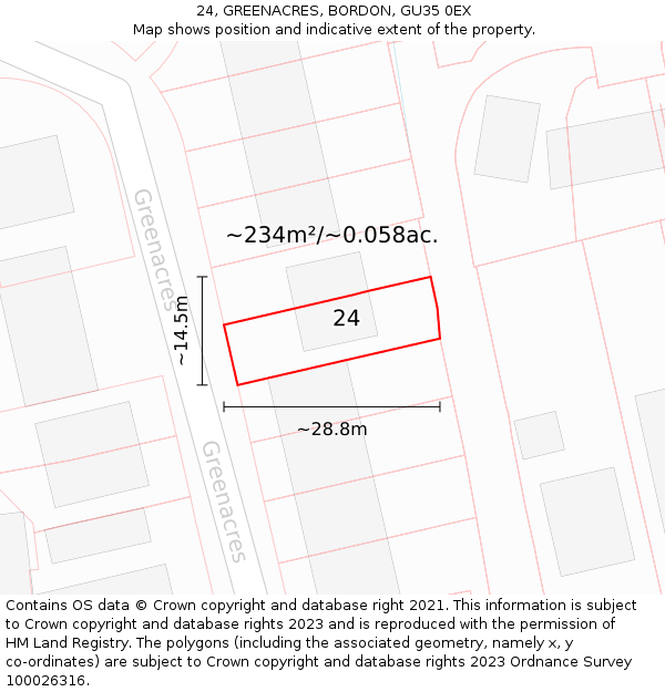 24, GREENACRES, BORDON, GU35 0EX: Plot and title map