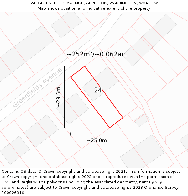 24, GREENFIELDS AVENUE, APPLETON, WARRINGTON, WA4 3BW: Plot and title map