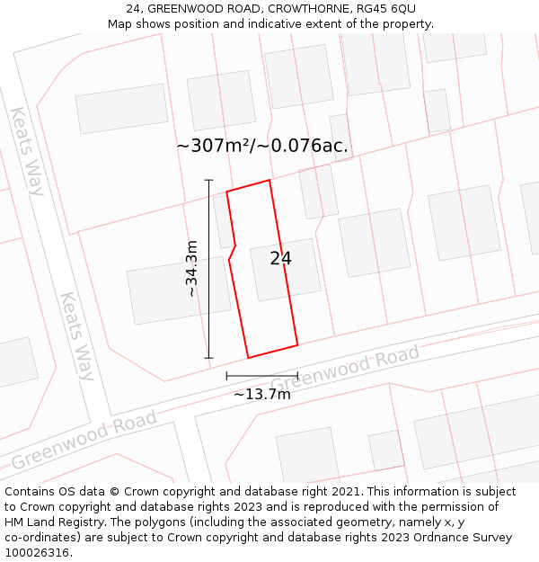 24, GREENWOOD ROAD, CROWTHORNE, RG45 6QU: Plot and title map