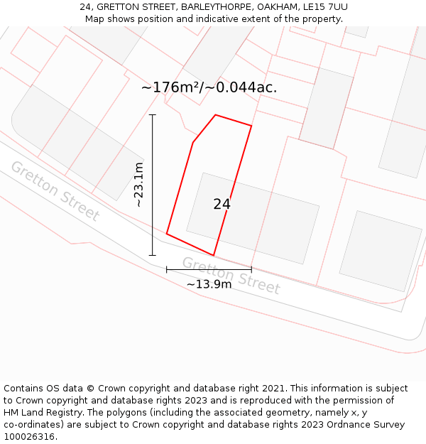 24, GRETTON STREET, BARLEYTHORPE, OAKHAM, LE15 7UU: Plot and title map