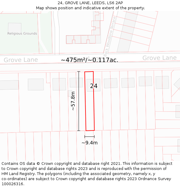 24, GROVE LANE, LEEDS, LS6 2AP: Plot and title map