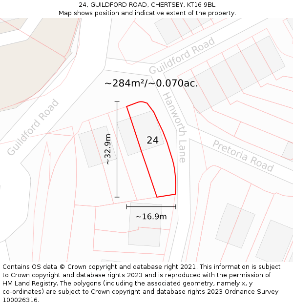 24, GUILDFORD ROAD, CHERTSEY, KT16 9BL: Plot and title map