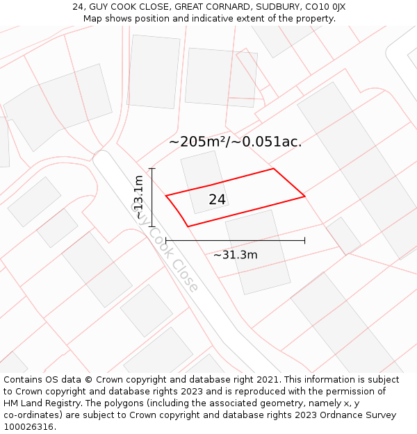 24, GUY COOK CLOSE, GREAT CORNARD, SUDBURY, CO10 0JX: Plot and title map