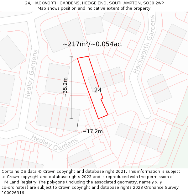 24, HACKWORTH GARDENS, HEDGE END, SOUTHAMPTON, SO30 2WP: Plot and title map