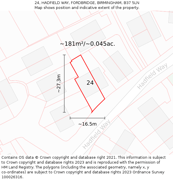 24, HADFIELD WAY, FORDBRIDGE, BIRMINGHAM, B37 5LN: Plot and title map