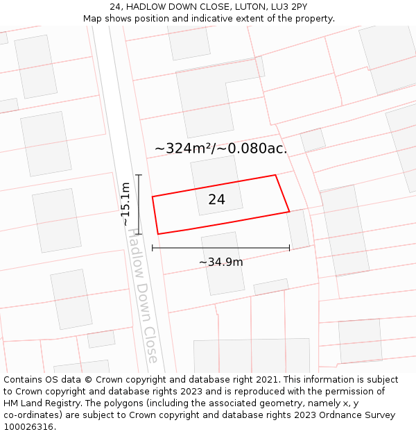 24, HADLOW DOWN CLOSE, LUTON, LU3 2PY: Plot and title map