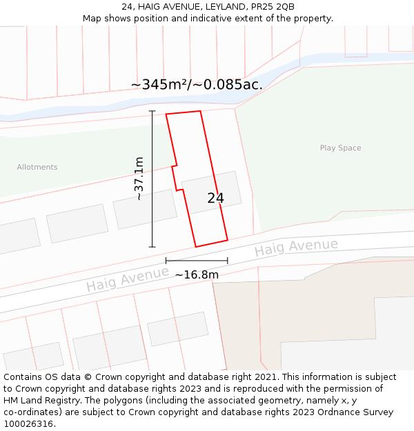 24, HAIG AVENUE, LEYLAND, PR25 2QB: Plot and title map