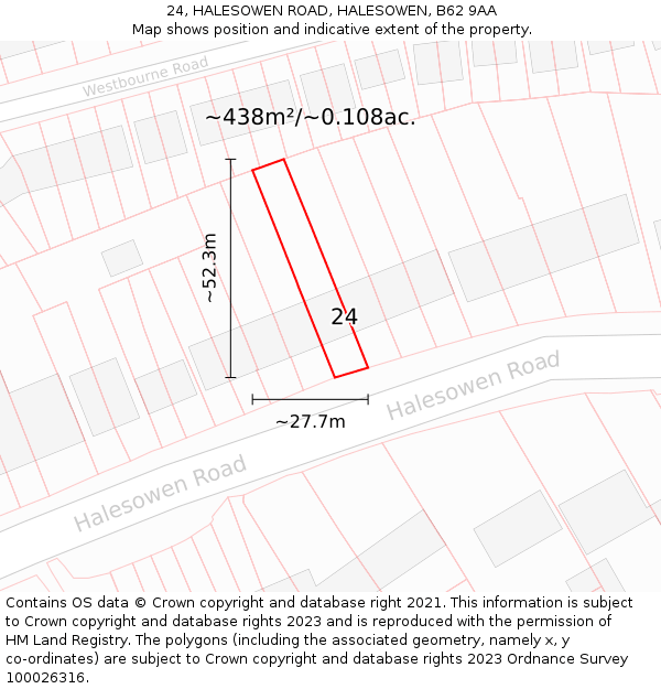 24, HALESOWEN ROAD, HALESOWEN, B62 9AA: Plot and title map