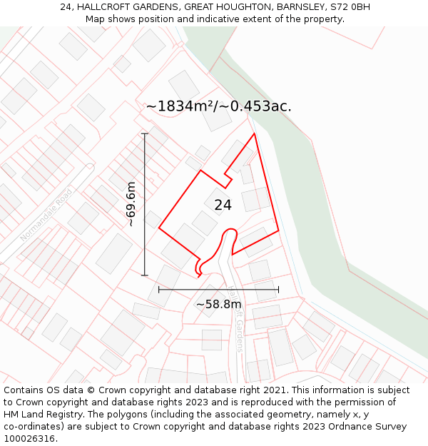 24, HALLCROFT GARDENS, GREAT HOUGHTON, BARNSLEY, S72 0BH: Plot and title map