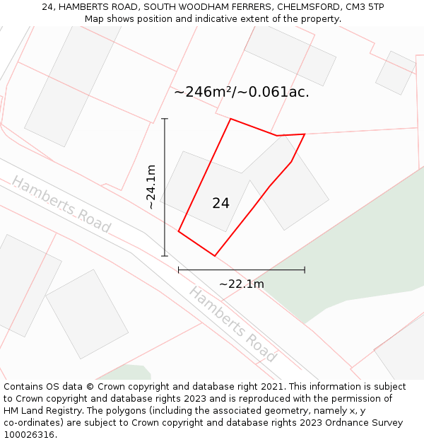 24, HAMBERTS ROAD, SOUTH WOODHAM FERRERS, CHELMSFORD, CM3 5TP: Plot and title map