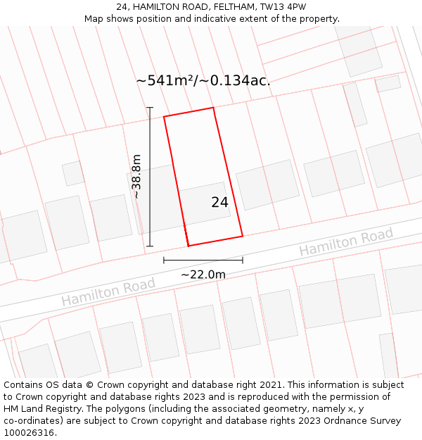 24, HAMILTON ROAD, FELTHAM, TW13 4PW: Plot and title map