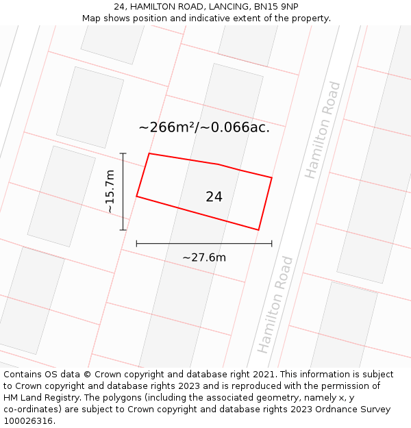 24, HAMILTON ROAD, LANCING, BN15 9NP: Plot and title map