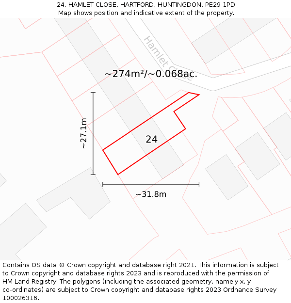 24, HAMLET CLOSE, HARTFORD, HUNTINGDON, PE29 1PD: Plot and title map