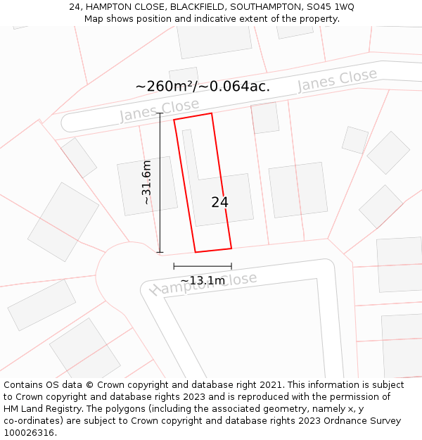 24, HAMPTON CLOSE, BLACKFIELD, SOUTHAMPTON, SO45 1WQ: Plot and title map