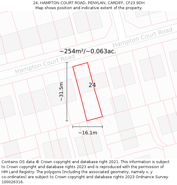 24, HAMPTON COURT ROAD, PENYLAN, CARDIFF, CF23 9DH: Plot and title map