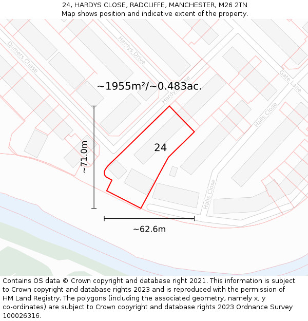 24, HARDYS CLOSE, RADCLIFFE, MANCHESTER, M26 2TN: Plot and title map