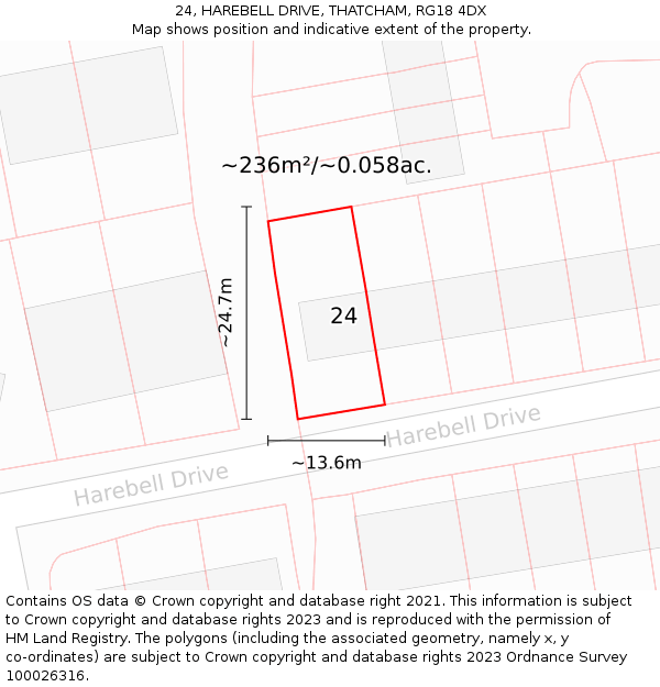 24, HAREBELL DRIVE, THATCHAM, RG18 4DX: Plot and title map