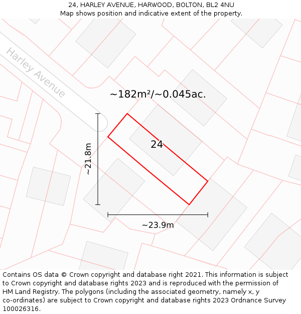 24, HARLEY AVENUE, HARWOOD, BOLTON, BL2 4NU: Plot and title map