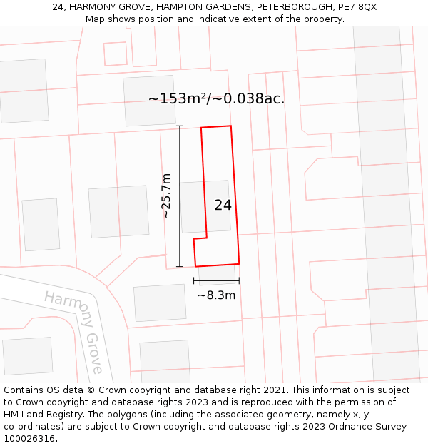 24, HARMONY GROVE, HAMPTON GARDENS, PETERBOROUGH, PE7 8QX: Plot and title map