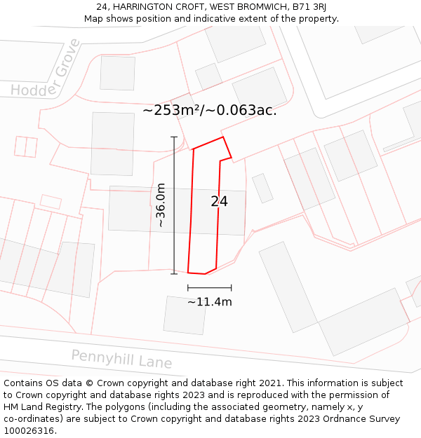 24, HARRINGTON CROFT, WEST BROMWICH, B71 3RJ: Plot and title map