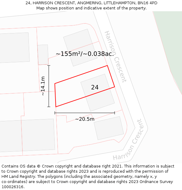 24, HARRISON CRESCENT, ANGMERING, LITTLEHAMPTON, BN16 4PD: Plot and title map