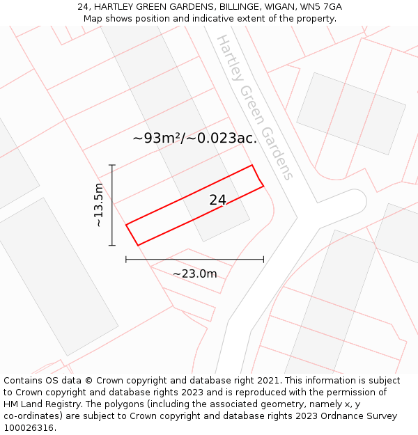 24, HARTLEY GREEN GARDENS, BILLINGE, WIGAN, WN5 7GA: Plot and title map