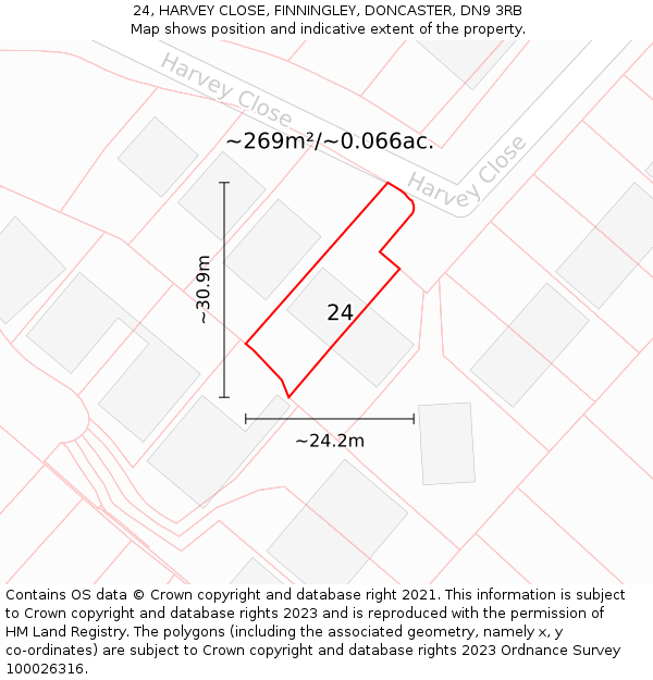 24, HARVEY CLOSE, FINNINGLEY, DONCASTER, DN9 3RB: Plot and title map