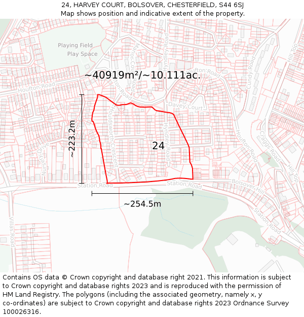 24, HARVEY COURT, BOLSOVER, CHESTERFIELD, S44 6SJ: Plot and title map