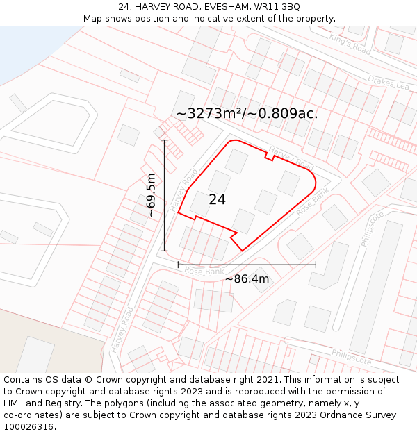 24, HARVEY ROAD, EVESHAM, WR11 3BQ: Plot and title map
